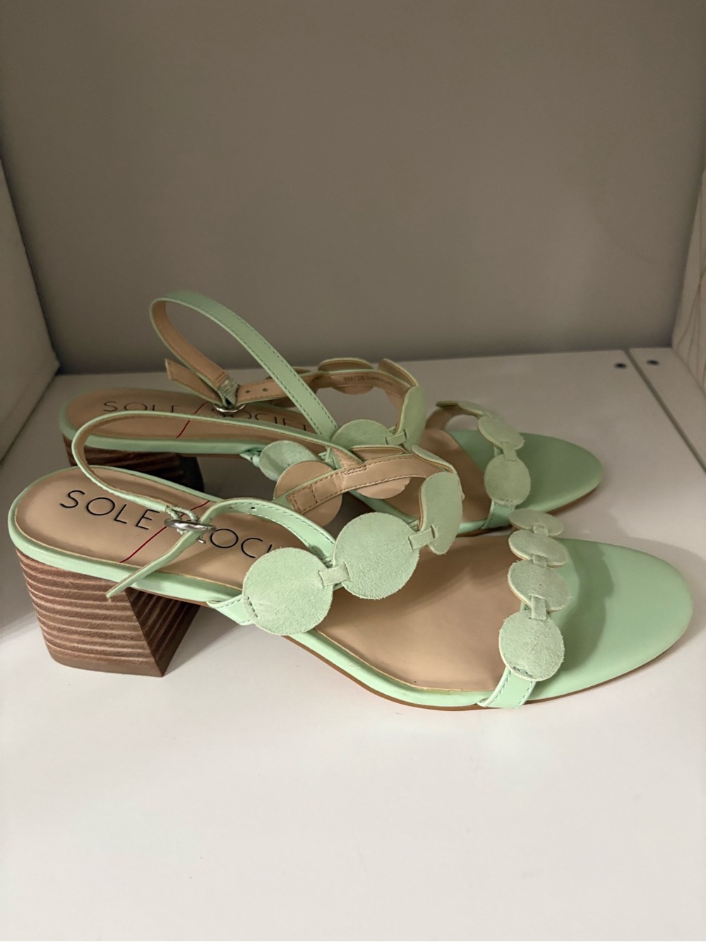 Society Mint Green Suede Circle-Strap Block Heel Sandals